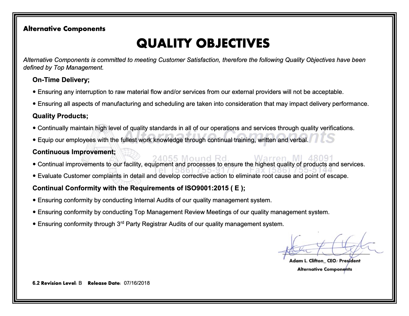 Quality Objectives Document