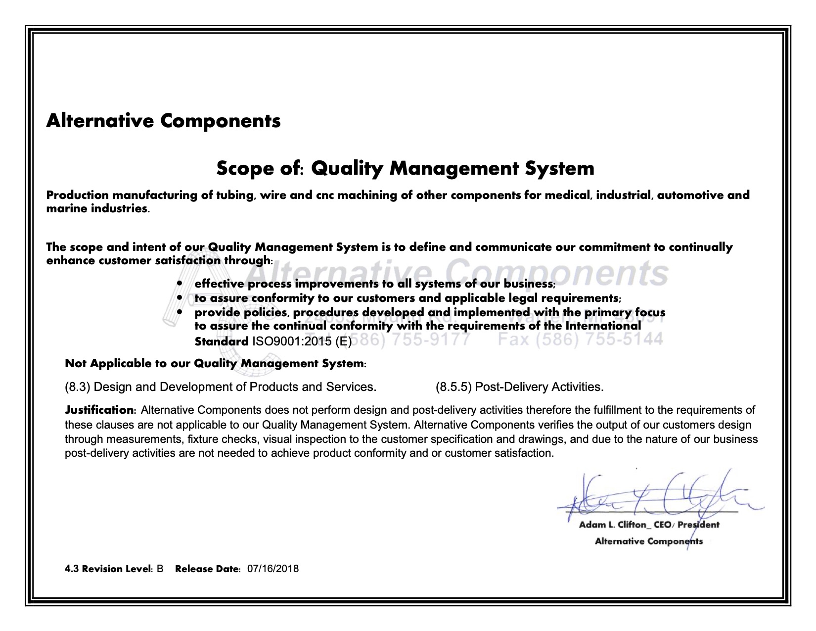 Scope of Quality Management System document